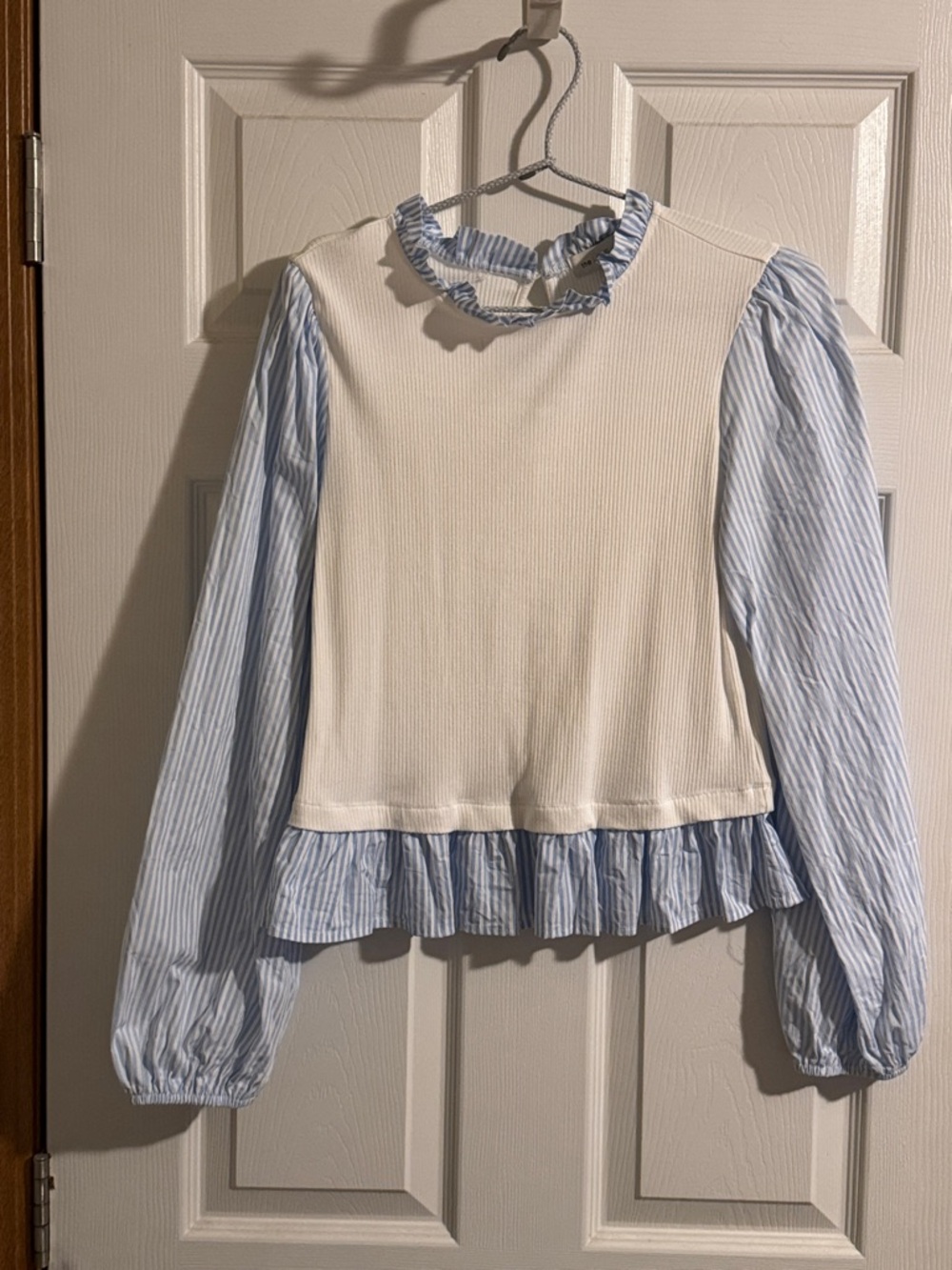 Ruffled-Neck Mixed Media Blouse in White and Light Blue